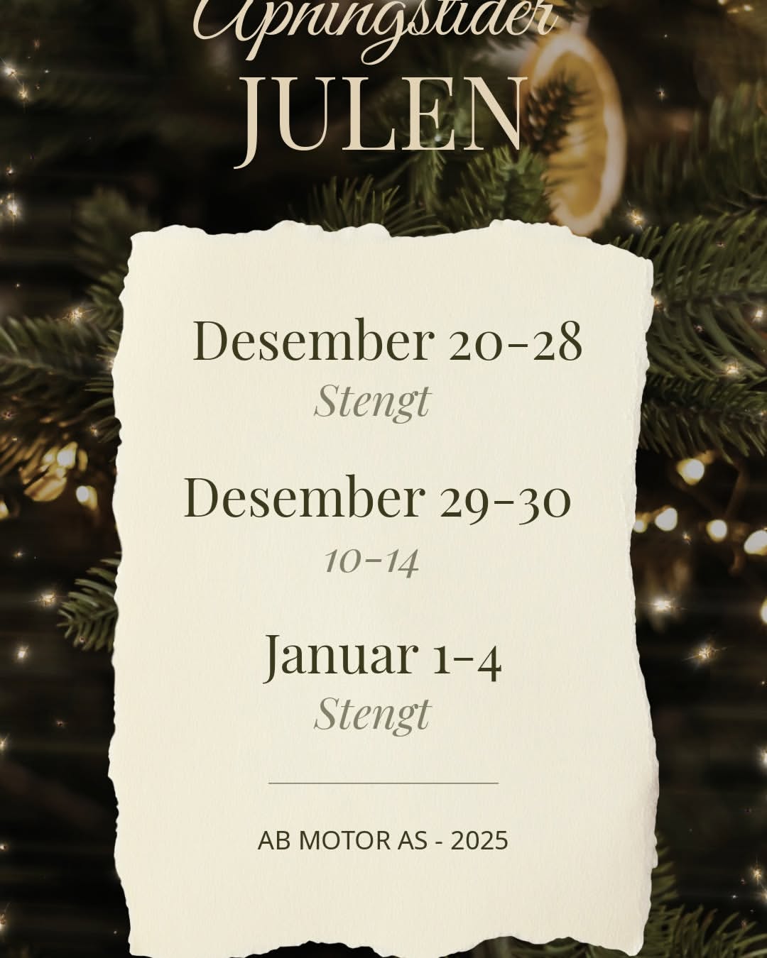 Åpningstider i julen hos AB Motor